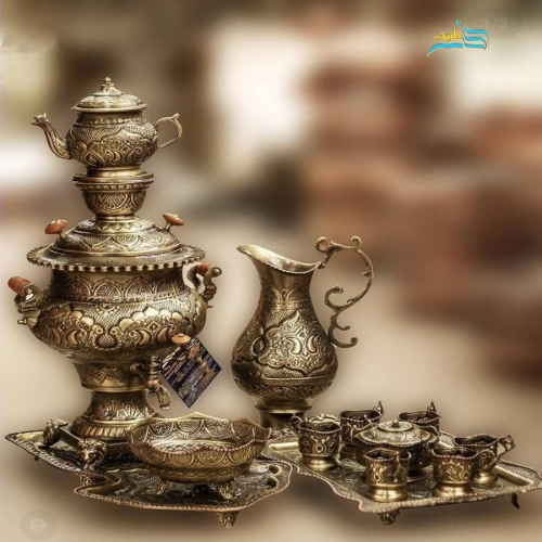 سرویس سماور 4 لیتری برنجی و چایخوری ریز قلم آنتیک شده با ضمانت و پوشش نانو - هنرظریف