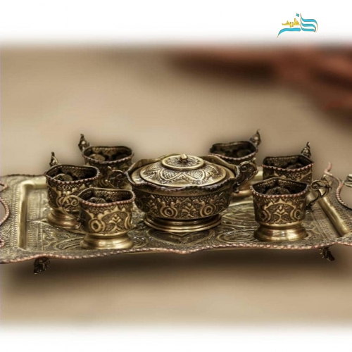 سرویس سماور 4 لیتری برنجی و چایخوری ریز قلم آنتیک شده