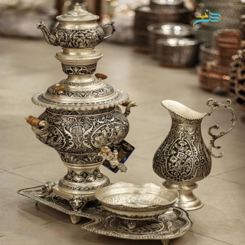 سماور تزئینی برنجی قلمزنی سیاه قلم آبکار پتینه نقره پوشش کوره ای رنگ ثابت - هنرظریف