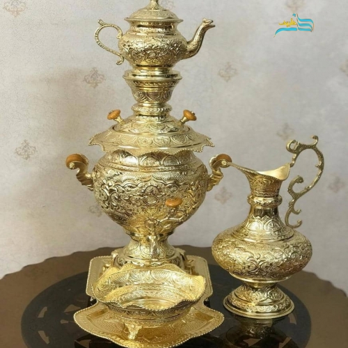 سرویس سماور برنجی زغالی قلمزنی 3.5 لیتری با روکش کوره ای و رنگ ثابت
