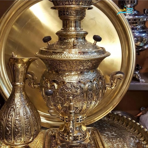 سرویس سماور زغالی برنجی خورشیدی رنگ طلایی قلم دست اعلاء - هنرظریف