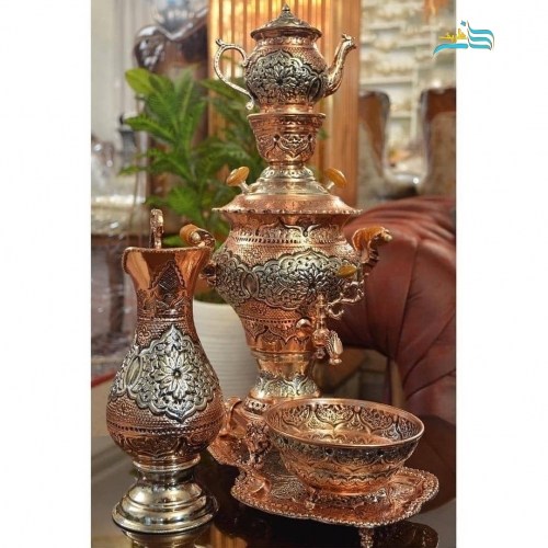 سرویس سماور برنجی دکوری با آبکاری کوره ای مس و نقره، سیاه قلم
