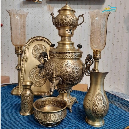 سرویس سماورزغالی برنجی قلمزنی ٦ لیتری قلم دست سنگین وزن