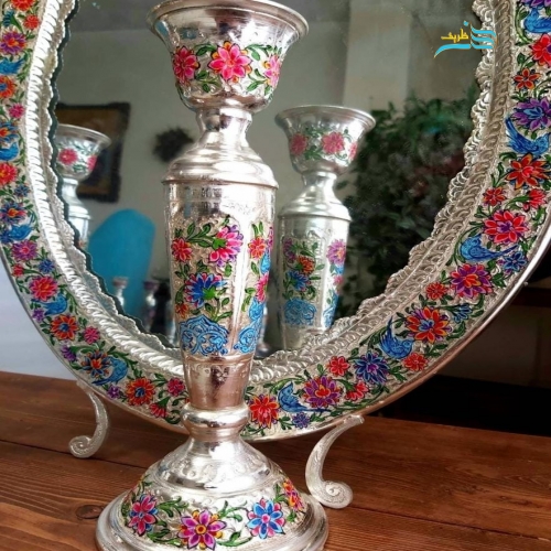 آینه شمعدان قلمزنی برنجی روکش نقره با نقاشی دست