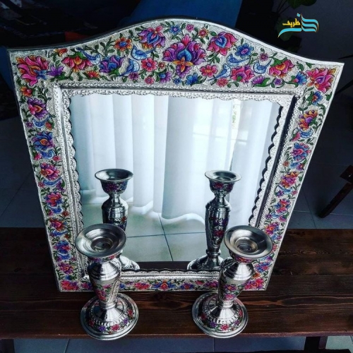 آینه و شمعدان قلم زنی دست برنجی، روکش نقره نقاشی دست