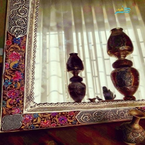 آینه شمعدان برنجی دست ساز با نقاشی دست و روکش نقره