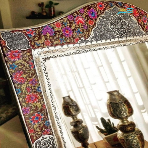 آینه شمعدان برنجی دست ساز با نقاشی دست و روکش نقره