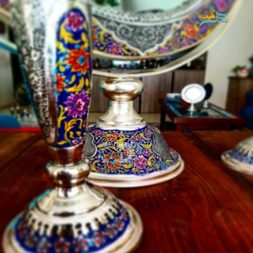 آینه گهواره ای و شمعدان برنجی روکش نقره نقاشی دست، ریز قلم