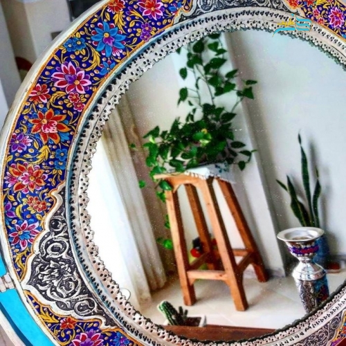 آینه گهواره ای و شمعدان برنجی روکش نقره نقاشی دست، ریز قلم