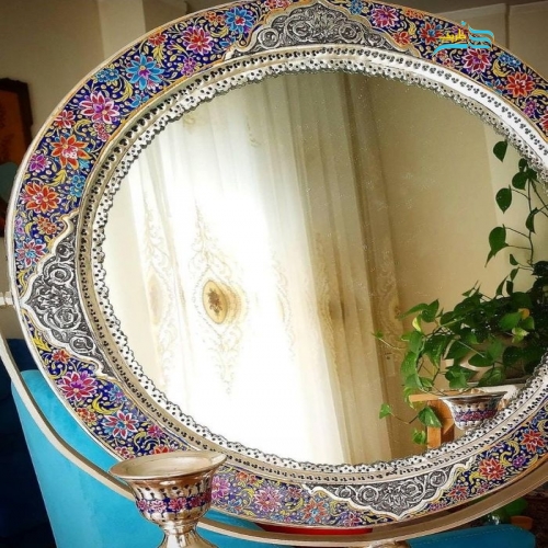 آینه گهواره ای و شمعدان برنجی روکش نقره نقاشی دست، ریز قلم