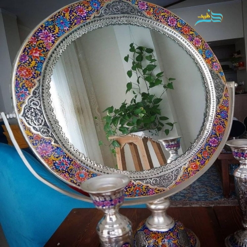 آینه شمعدان برنجی روکش نقره ریز قلم، ظریف و زیبا سفارشی ساز - هنرظریف