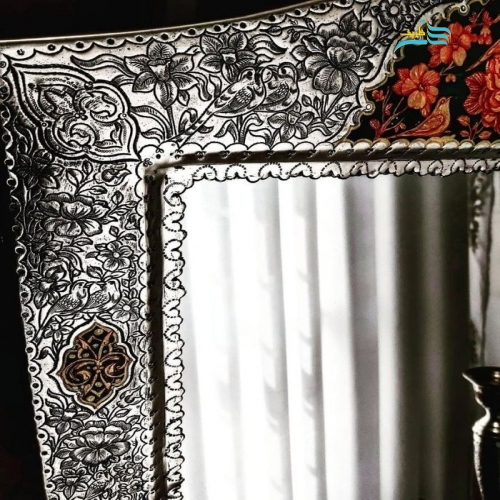 آینه شمعدان برنجی روکش نقره دست ساز، نقاشی دست، رنگ ثابت