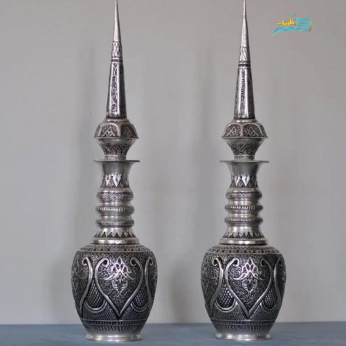 سرویس سماور و تنگ شاخدار برنجی قلمزنی با روکش نقره، رنگ ثابت