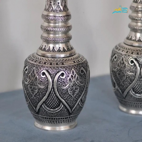 سرویس سماور و تنگ شاخدار برنجی قلمزنی با روکش نقره، رنگ ثابت