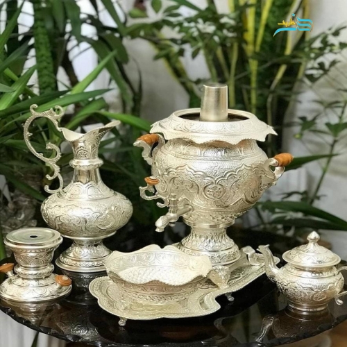 سرویس سماور برنجی ٤ لیتری آبکاری نقره قلمزنی کریستالی جدید