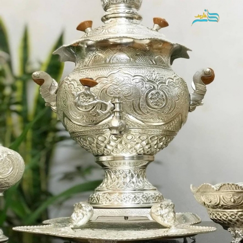سرویس سماور برنجی ٤ لیتری آبکاری نقره قلمزنی کریستالی جدید