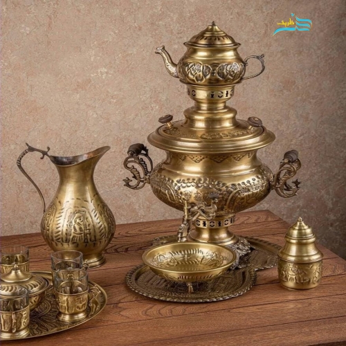 سرویس سماور زغالی 6 لیتری برنجی سنگین وزن با روکش نانو