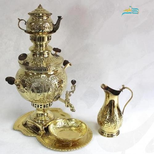 سرویس سماور زغالی 6 لیتری برنجی، رنگ ثابت، قلم دست اعلاء