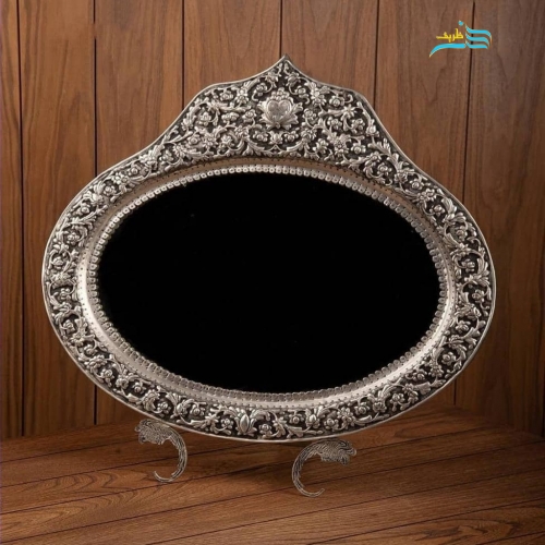 سرویس آینه شمعدان نقش گل برجسته برنجی با روکش نقره
