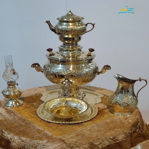 ست کامل سماور ذغالی ۶ لیتری قلمزنی، مدل توپی طلایی