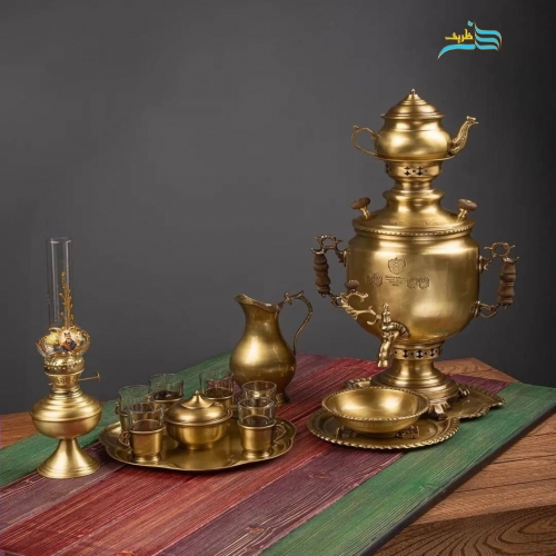 سرویس سماور زغالی 6 لیتری برنجی ورق ضخیم با چایخوری و چراغ سنتی - هنرظریف