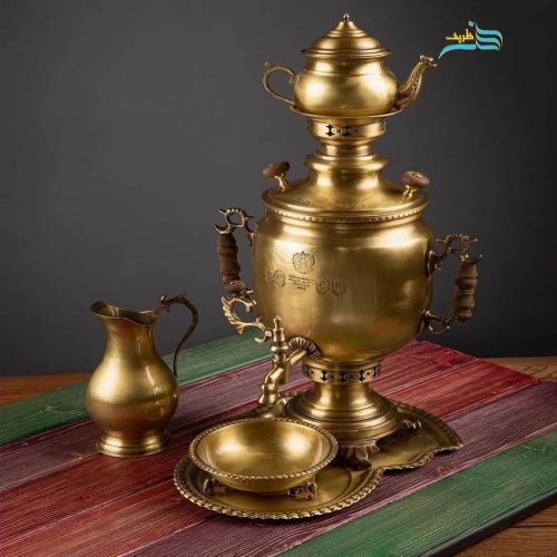 سرویس سماور زغالی 6 لیتری برنجی ورق ضخیم با چایخوری و چراغ سنتی