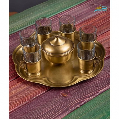 سرویس سماور زغالی 6 لیتری برنجی ورق ضخیم با چایخوری و چراغ سنتی