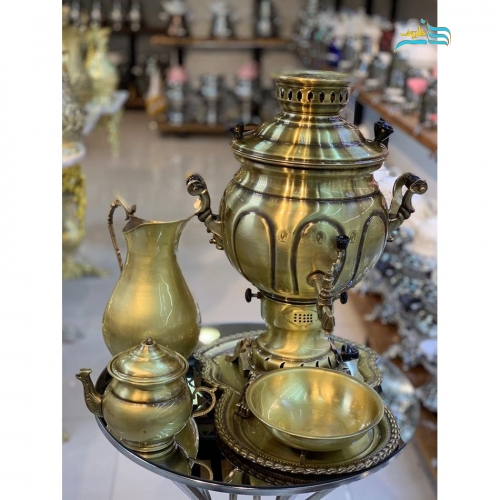 سرویس سماور گازی برنجی 6 لیتری دسته شاخ خطی