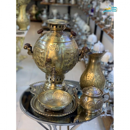سماور زغالی برنجی 6 لیتری دسته شاخ، ورق ضخیم، کیفیت عالی - هنرظریف