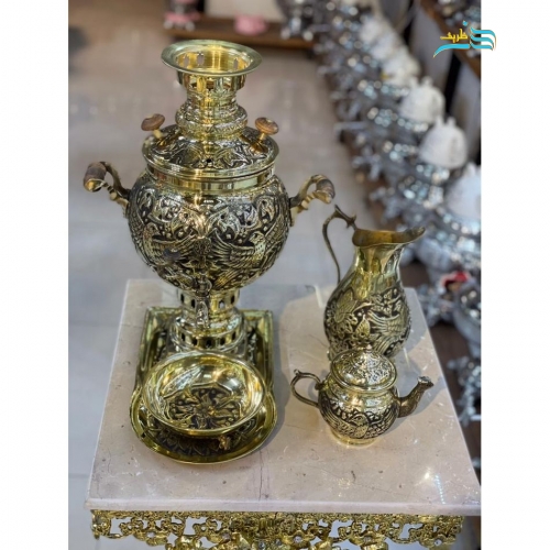 سماور زغالی برنجی 4 لیتری طرح پرنده، سنگین وزن، سیاه قلم