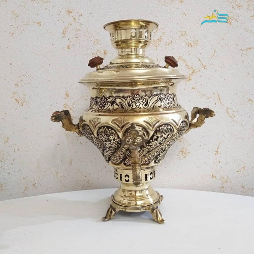 سرویس سماور برنجی زغالی ٦ لیتری طرح گل و مرغ، لبه ریخته