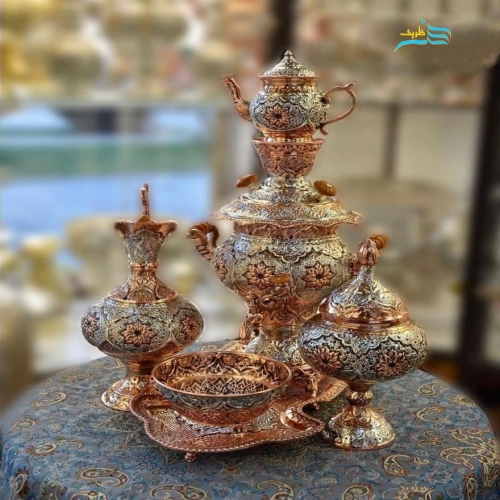 سرویس سماور برنجی آبکاری مس و نقره، سیاه قلم با قلمزنی اعلاء