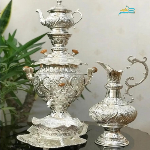 سرویس سماور ٤ لیتری آبکاری نقره قلمزنی اعلاء اثر استاد رحمتی - هنرظریف