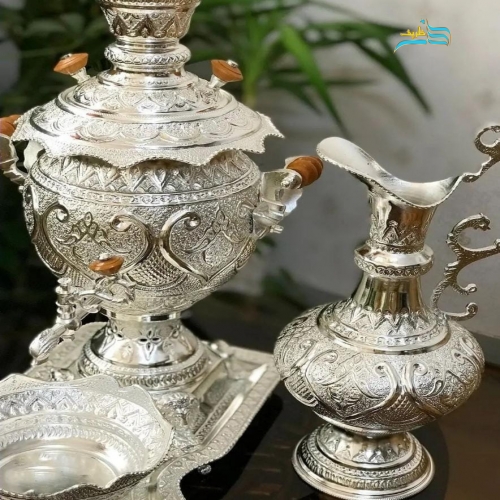 سرویس سماور برنجی ٤ لیتری، آبکاری نقره قلمزنی اعلاء اثر استاد رحمتی