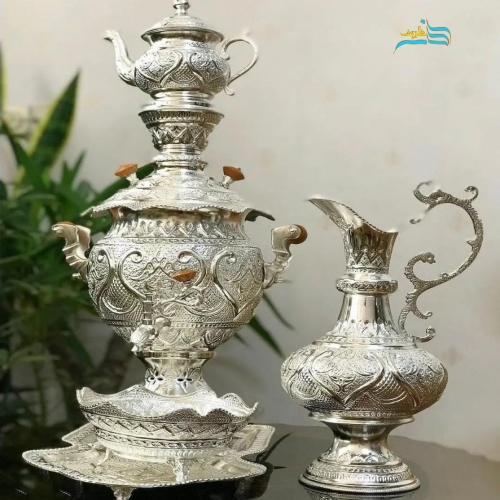 سرویس سماور برنجی ٤ لیتری، آبکاری نقره قلمزنی اعلاء اثر استاد رحمتی