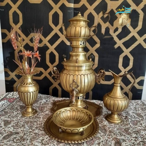 سرویس پنج تکه سماور زغالی 5 لیتری عدسی، دسته ماهی - هنرظریف