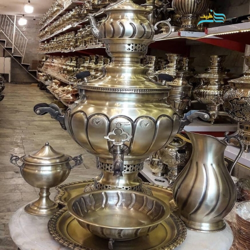 سرویس سماور ٦ لیتری برنجی زغالی دسته شاخ