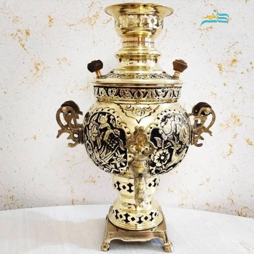 سرویس سماور زغالی 3 لیتری توپی دسته توری، طرح گل و مرغ