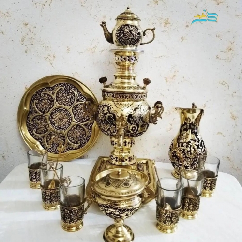 سرویس سماور زغالی 3 لیتری توپی دسته توری طرح گل و مرغ - هنرظریف