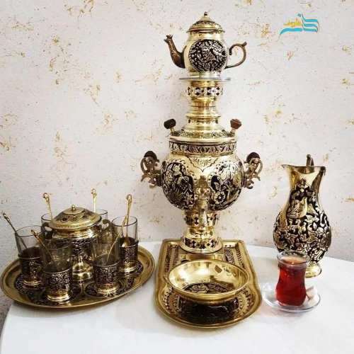 سرویس سماور زغالی 3 لیتری توپی دسته توری، طرح گل و مرغ