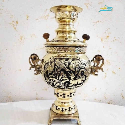 سرویس سماور زغالی 3 لیتری توپی دسته توری، طرح گل و مرغ