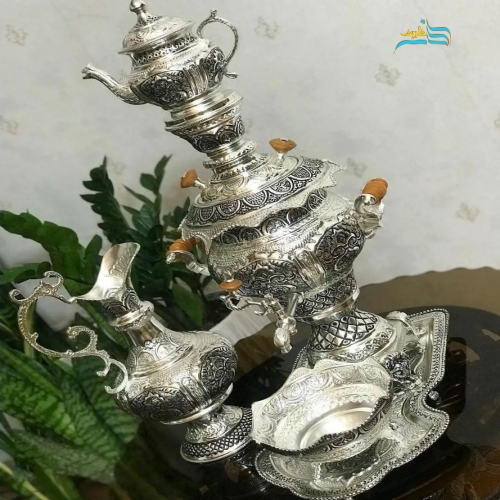 سرویس سماور برنجی با روکش نقره و سیاه قلم _ هنرظریف