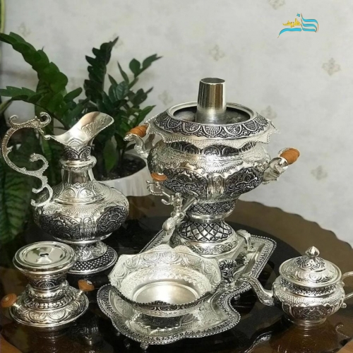سرویس سماور زغالی برنجی ٣.٥ لیتری با روکش کوره ای نقره
