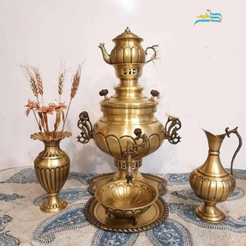 سرویس پنج تکه سماور برنجی زغالی ٦ لیتری عدسی، مدل نگین