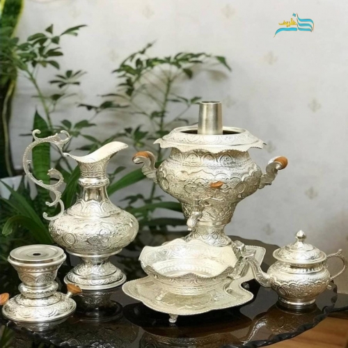 سرویس سماور برنجی قلم زنی ٣.٥ لیتری با آبکاری نقره کوره ای