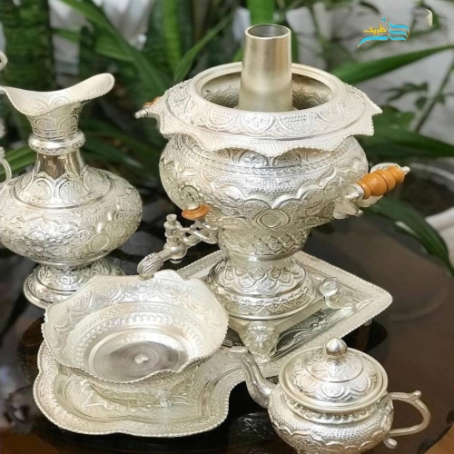 سرویس سماور برنجی قلم زنی ٣.٥ لیتری با آبکاری نقره کوره ای