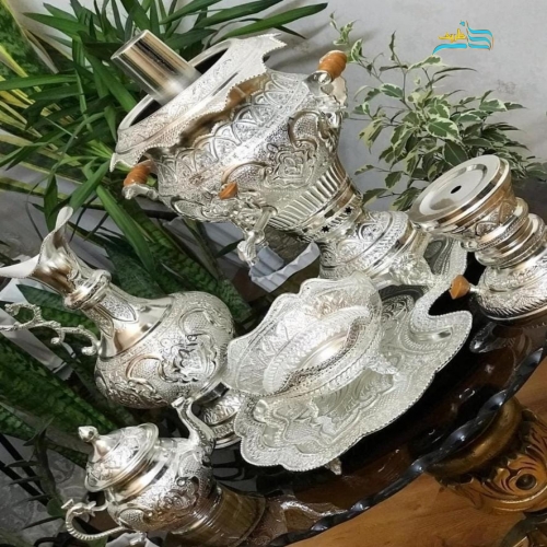 سرویس سماور زغالی برنجی پنج لیتری آبکاری نقره، قلم دست اعلاء