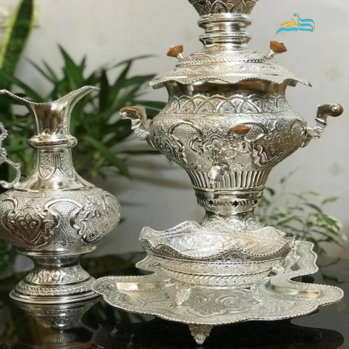 سرویس سماور زغالی برنجی پنج لیتری آبکاری نقره، قلم دست اعلاء