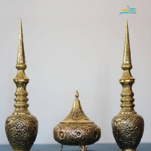 سرویس سماور، تنگ شاخ دار و گزخوری برنجی قلمزنی طرح اسلیمی