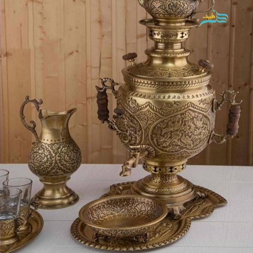 سرویس سماور برنجی 6 لیتری قلمزنی، قلم گل و مرغ، روکش نانو